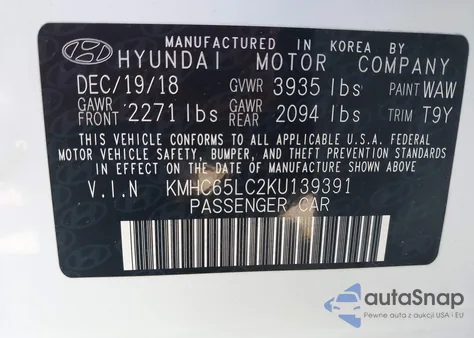 2019 Hyundai Ioniq Hybrid Blue z USA, uszkodzony, nr VIN KMHC65LC2KU139391